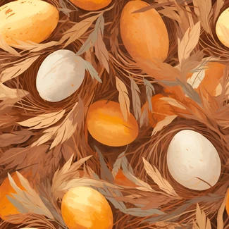 A repeating pattern of eggs and straws in a nest, in a brushwork style.