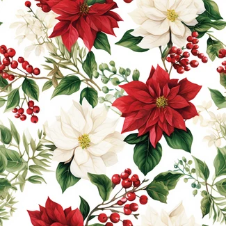 Elegant Christmas Poinsettias Seamless Pattern featuring white poinsettias and holly in a bold color palette.