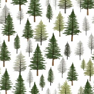 A repeating pattern of detailed botanical illustrations of pine trees and leaves on a white background.