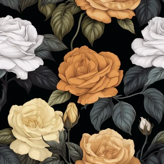 A beautiful botanical illustration of roses on a black background.
