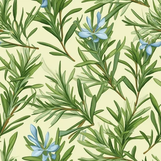 A beautiful botanical illustration seamless pattern featuring rosemary sprigs and leaves in light green and blue colors.