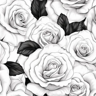 A monochrome seamless pattern of white roses on a black background.