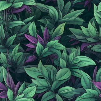 A seamless pattern of green and purple plants in a digital painting style, set against a dark background.