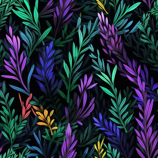 Emerald and purple leaves seamless pattern on black background