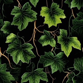 A seamless pattern of green ivy leaves on a black background.