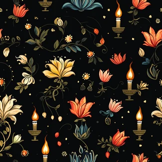 Floral seamless pattern with candle and decorative flowers on black background