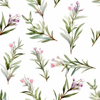 A seamless pattern featuring delicate rosemary and sage watercolor illustrations set against a light white background.