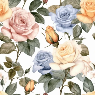 A seamless floral pattern with beautiful watercolor roses and green leaves on a white background. The pattern has a pastel color scheme and a highly detailed, hyper-realistic look.