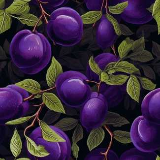 Seamless pattern featuring purple plums and leaves on a branch