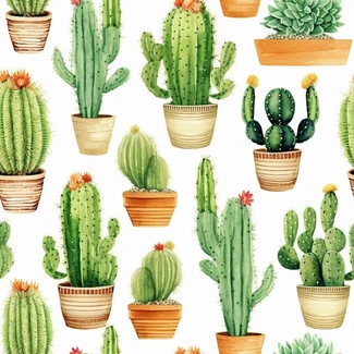 A colorful digital illustration of various cacti in white pots on a floral pattern background.