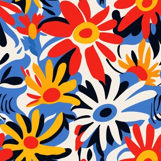 An ethnic floral brushwork pattern featuring red, blue, and yellow flowers on a white background.