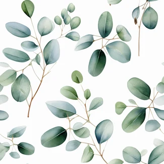 A seamless pattern of eucalyptus branches and leaves on a light indigo and light green background.