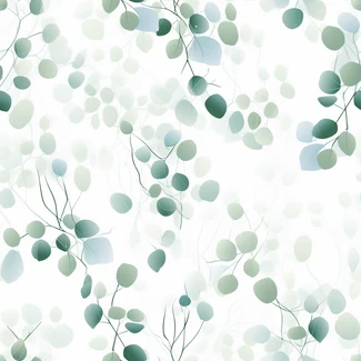 Abstract Eucalyptus Leaf pattern with twisted branches, delicate flowers, confetti-like dots, green and blue leaves, presented in shades of light turquoise and dark gray on a white background.