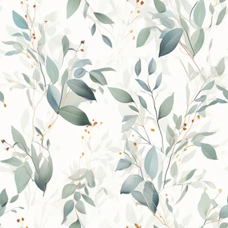 Eucalyptus Leaf Foliage seamless wallpaper pattern in green and blue on a white background.
