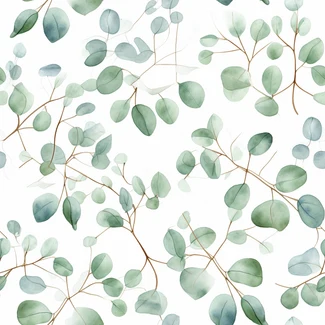 Seamless eucalyptus leaf pattern in light bronze and light aquamarine with detailed foliage and twisted branches on a white background.