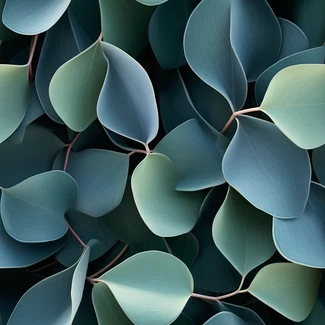 An abstract 3D illustration featuring Eucalyptus Leaves in various shades of dark cyan and light beige with a touch of nature-inspired forms, soft green veins and nature-inspired shapes.