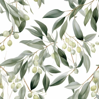 Eucalyptus Leaves and Olive Fruit Seamless Pattern