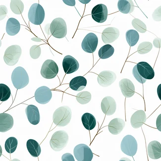 Eucalyptus Leaves pattern featuring delicate and whimsical leaves in shades of light and dark teal, brown, and beige arranged in a minimalist style.