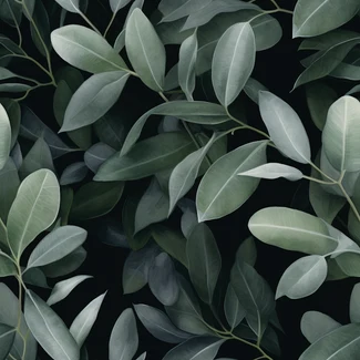 A black background with green and gray eucalyptus leaves that are multidimensional and textured.
