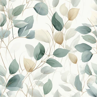 A beautiful modern pattern of delicate eucalyptus leaves in shades of green and gold on a white background.