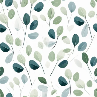 A seamless pattern featuring blue and green eucalyptus leaves on a white background in a minimalist design.