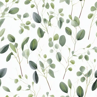 Eucalyptus leaves seamless pattern on black background with light gold and light emerald leaves.