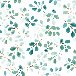 Eucalyptus leaves wallpaper with blue and green floral print pattern on a white background