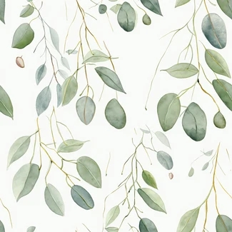 A seamless watercolor pattern of eucalyptus leaves and branches on a white background