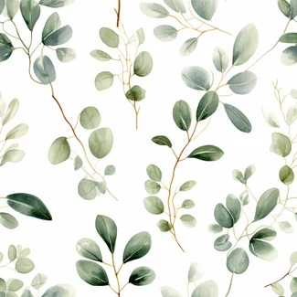 Watercolor seamless pattern featuring eucalyptus leaves on a white background.