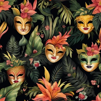 Exotic carnival masks and flowers seamless pattern on black background
