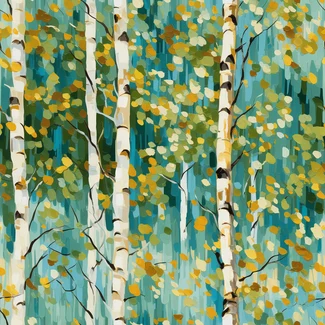 A painting of a group of birch trees intertwined with each other, creating an endless repetition and pattern that is simply breathtaking. The painting is colored with a beautiful mix of teal, gold, turquoise, and amber.