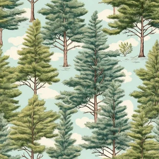 Illustration of pine trees and clouds in shades of green and blue