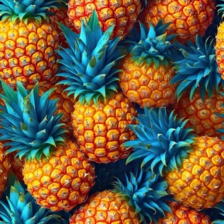 Closeup of colorful pineapples against an orange and blue background.
