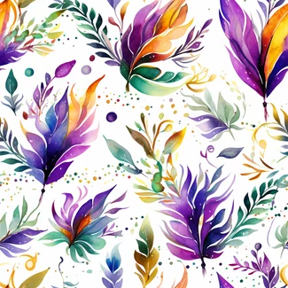 A seamless watercolor pattern of feathers, foliage and dreamy florals in light violet and amber on a white background.