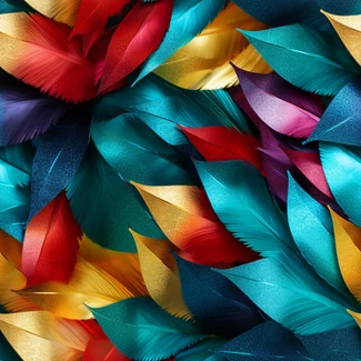 A colorful pattern of feathers arranged in a photorealistic style with unexpected fabric combinations, creating a three-dimensional effect.