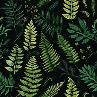 A seamless pattern featuring fern leaves and flowers on a black background