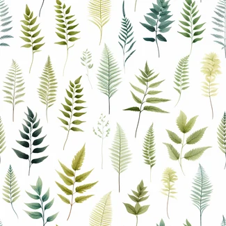 A watercolor botanical pattern featuring fern leaves on a white background with subtle color variations.