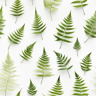 A repeating pattern of various green fern leaves on a clean white background