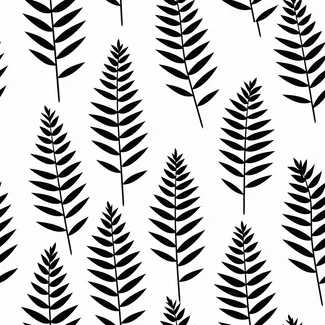 A black and white pattern of fern leaves on a white background.