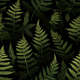 A seamless pattern of green fern leaves on a black background.