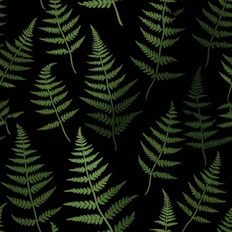 A seamless pattern featuring fern leaves on a black background.