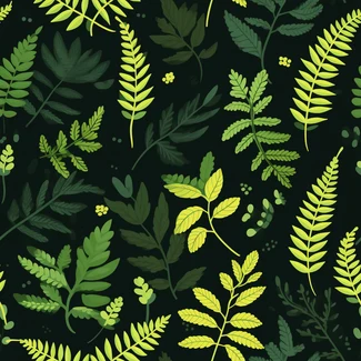Seamless fern leaves wallpaper pattern with light yellow and dark green leaves on a black background.