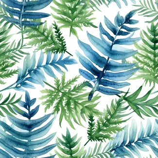 A vibrant watercolor pattern featuring green fern leaves on a light blue background.