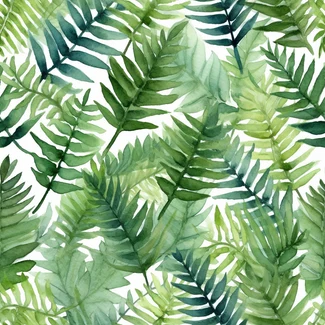 A seamless pattern of watercolor tropical leaves on a green background.