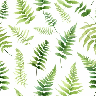 Ferns in Watercolor seamless pattern of green ferns and green leaves illustration on a white background.