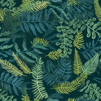 Seamless pattern featuring ferns and leaves on a dark blue background