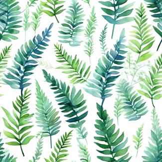 Botanical watercolor illustration of ferns in a repeating pattern of light sky-blue and dark green colors.