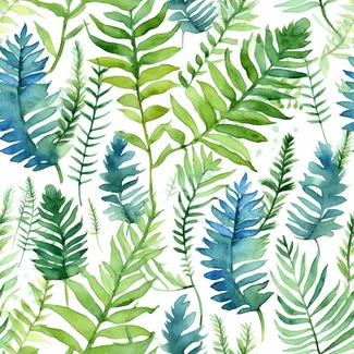 A seamless pattern featuring watercolor fern leaves in shades of green and blue against a light background.