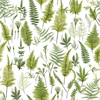 Ferns botanical illustration seamless pattern featuring soft green fern leaves on a white background.