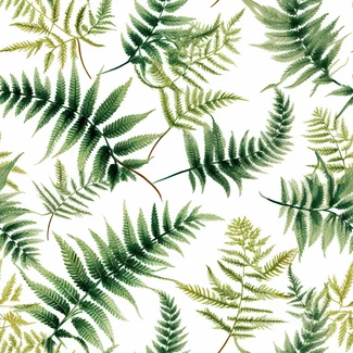 A seamless pattern of green ferns on a white background.